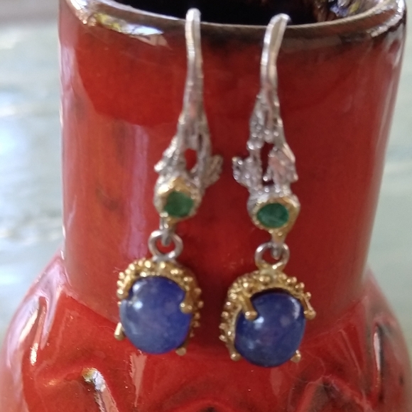 Amazing genuine sapphire emerald art earrings - Picture 4 of 8